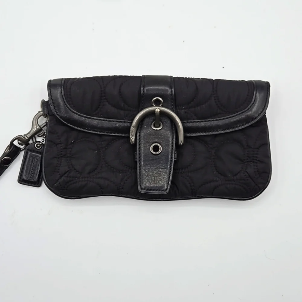 COACH Wristlet Puffer Black Material w/ Signature C Print Chrome Belt Closure